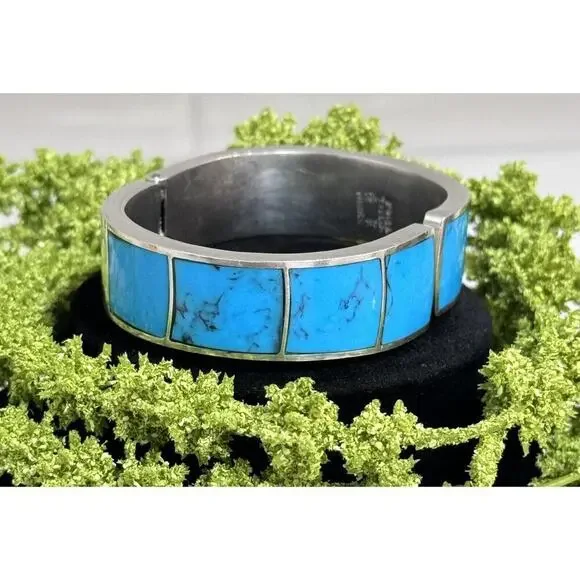Vintage Taxco Turquoise Inlay Sterling Silver Chunky Clamper Bracelet - Picture 3 of 7